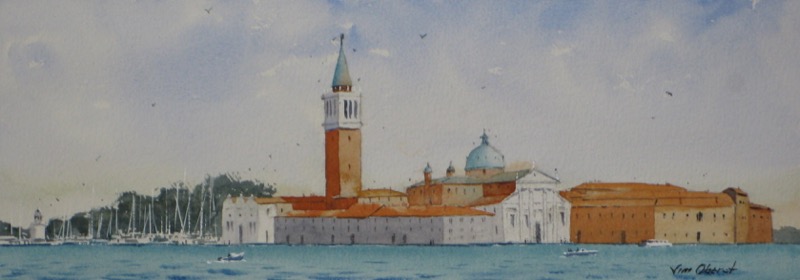 landscape, seascape, venice, veneto, italy, san giorgio maggiore, church, campanile, bell tower, lagoon, original watercolor painting, oberst